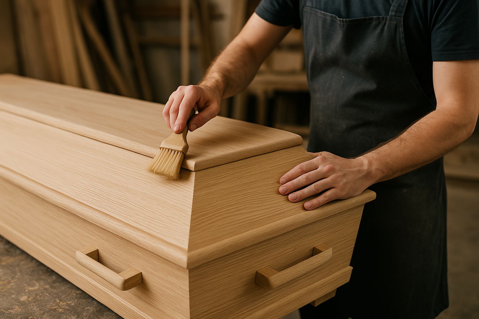 Kvinna i begravningsbyrå förbereder kista med hantverksmaterial och verktyg i Bromma