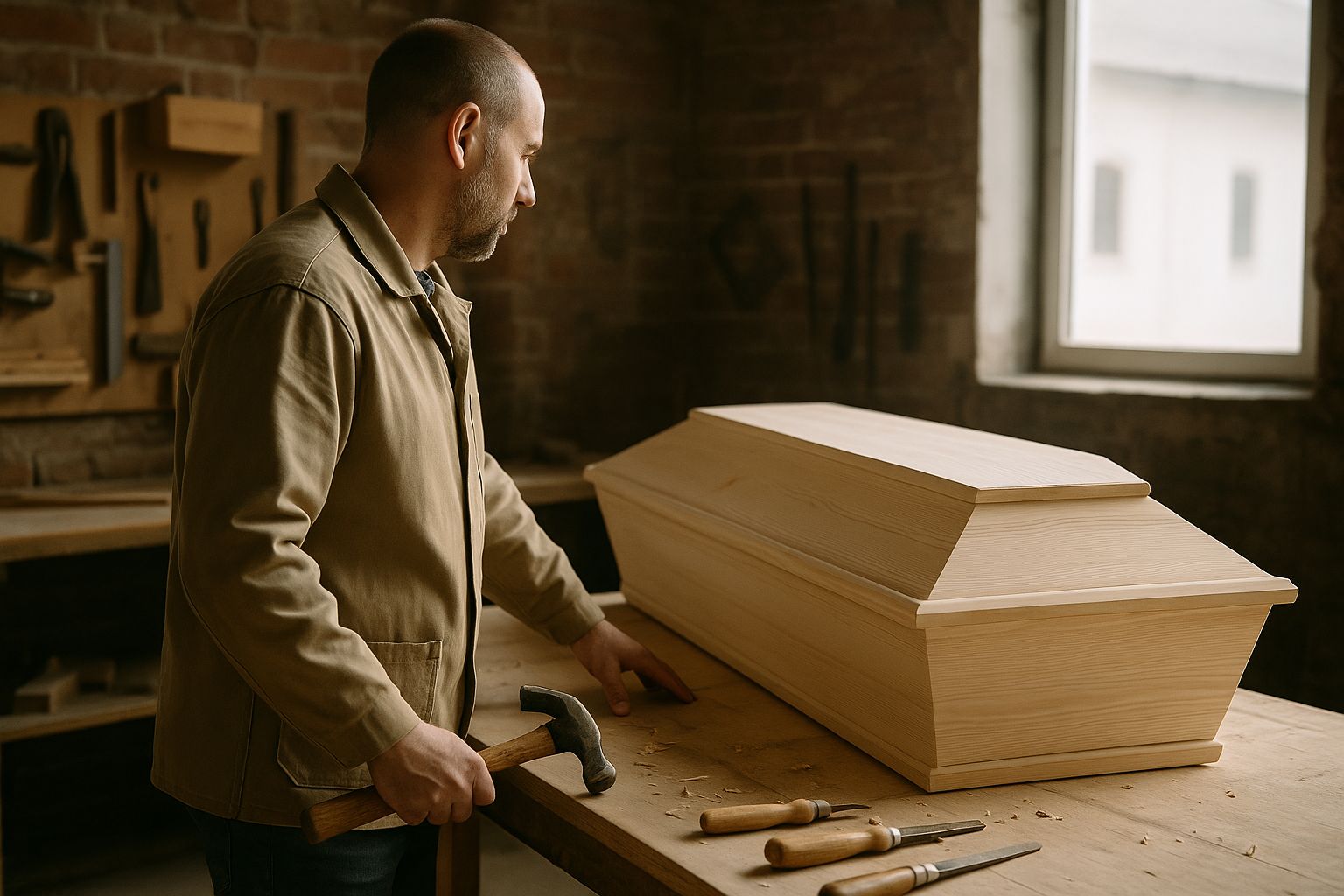 Hantverkare finslipar detaljer på en kista i verkstaden.