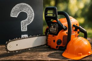 Kvinna visar hur man mäter sågkedja med mätverktyg